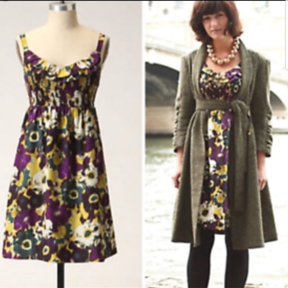 Anthro. Maeve Giverny Purple Smocked Silk Dress